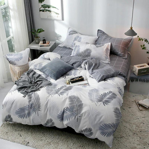 Parure de Lit Blanc <br/> Gris Palmier